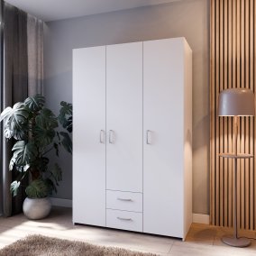 Biała szafa otwierana 120 cm z 2 drążkami, 2 półkami i 2 szufladami, 3 drzwi
