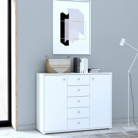 Biała komoda 110 cm szerokości, 5 szuflad, 2 szafki - Meble FORTE