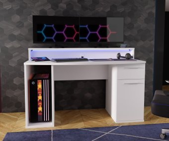 Białe biurko gamingowe 140 cm z oświetleniem RGB - Meble FORTE
